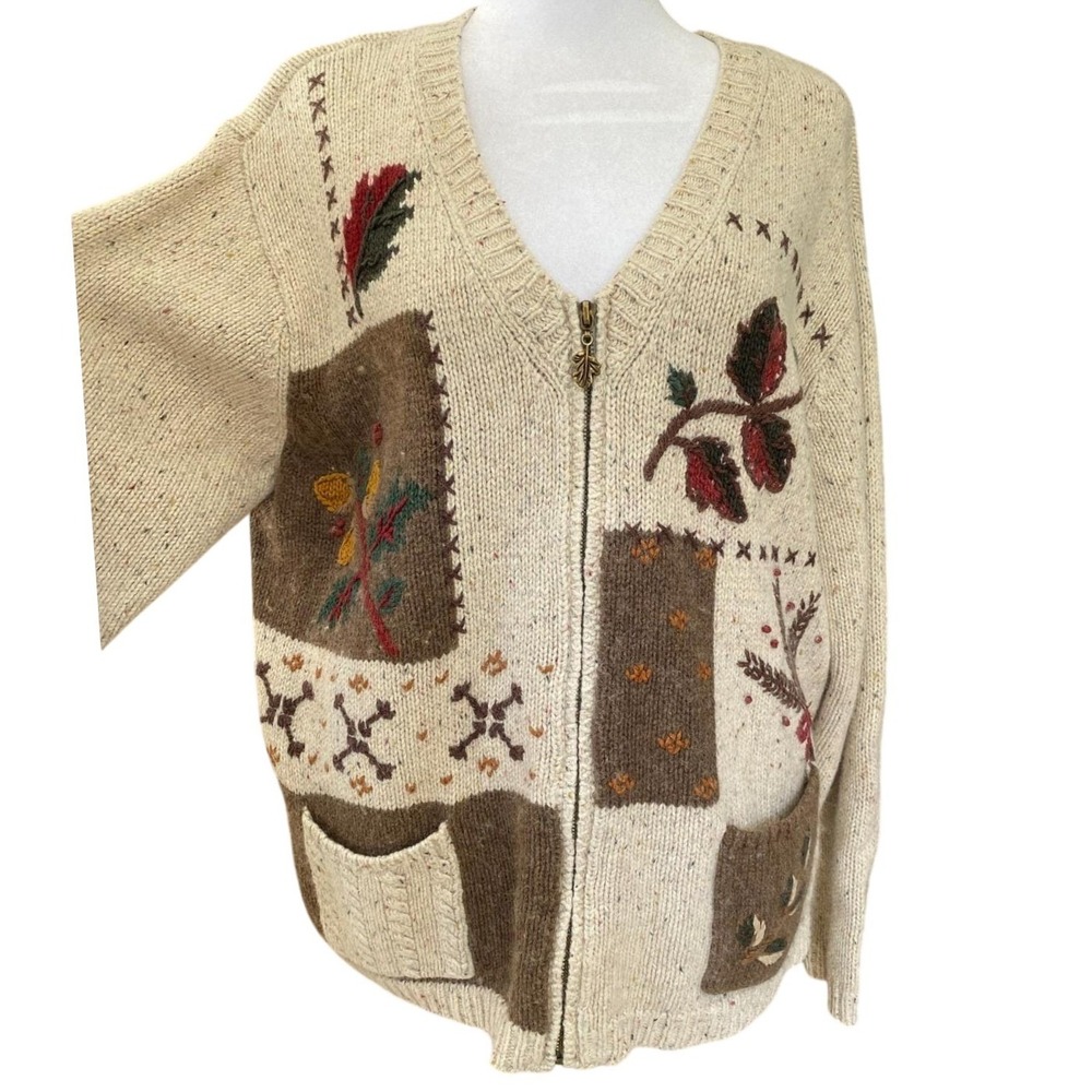 Vintage 1990s Patchwork Embroidered Cream Cardigan Sweater Large Granola Coastal - Picture 1 of 8
